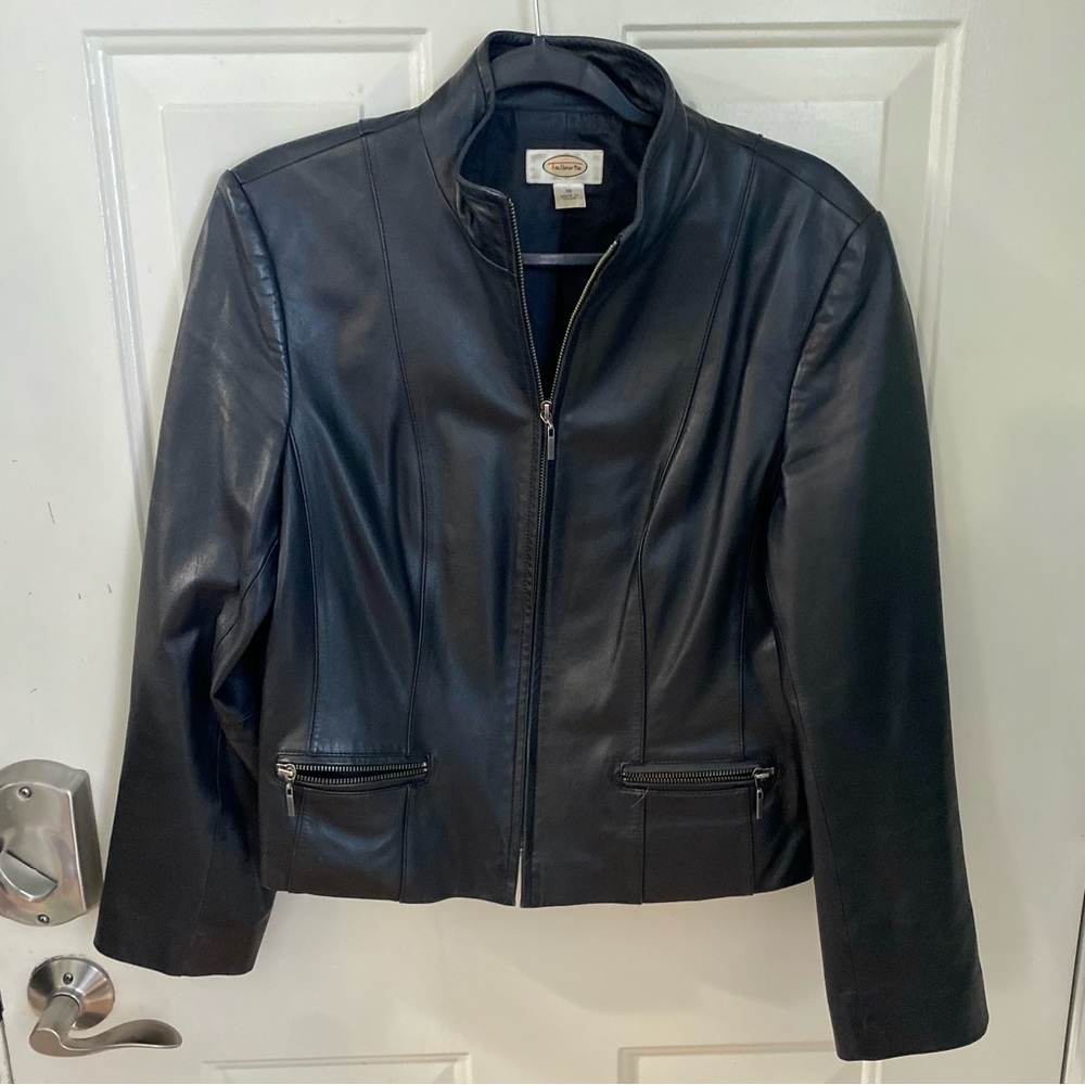 Talbots black Leather zip-up bomber jacket with zip details